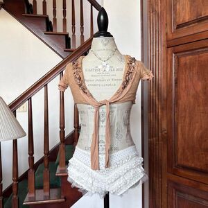 Kimchi Blue Vintage Rare Tan Cardigan Shrug Beaded Sequin Trim Tie Front